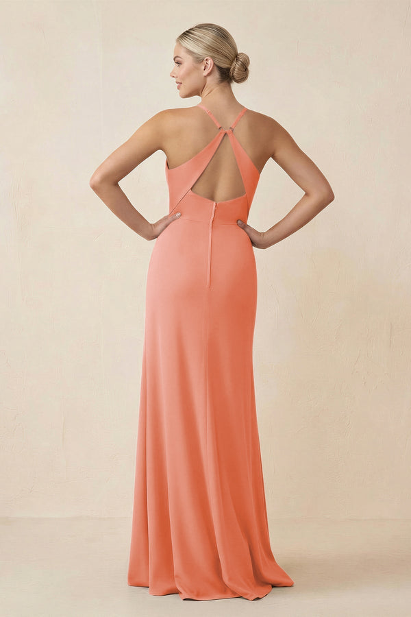Cami Strap Sheath Ruched Bridesmaid Dress With Slit in Rosette - KissProm Bridesmaid Dresses