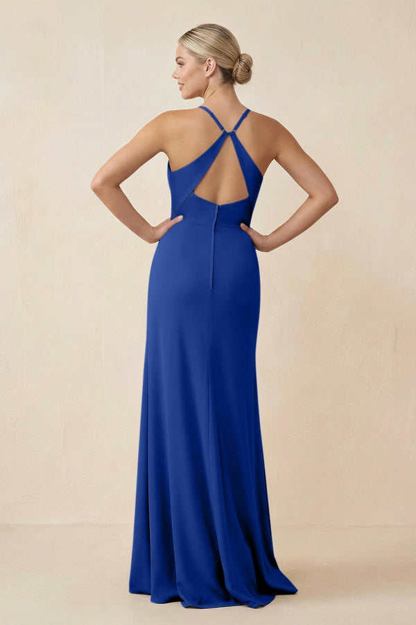 Cami Strap Sheath Ruched Bridesmaid Dress With Slit in Royal Blue - KissProm Bridesmaid Dresses