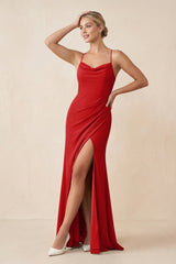 Cami Strap Sheath Ruched Bridesmaid Dress With Slit in Ruby Red - KissProm Bridesmaid Dresses