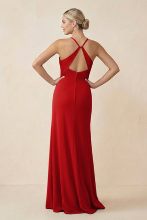 Cami Strap Sheath Ruched Bridesmaid Dress With Slit in Ruby Red - KissProm Bridesmaid Dresses