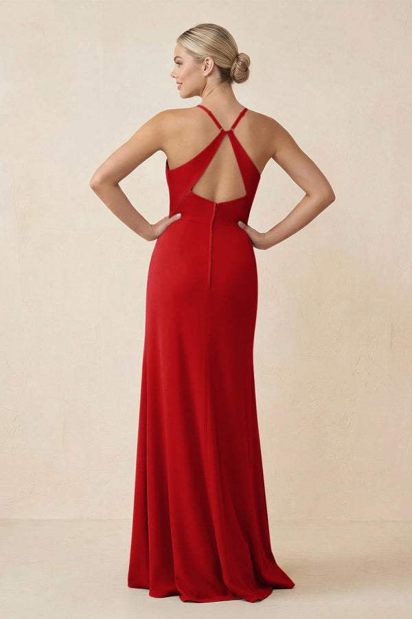 Cami Strap Sheath Ruched Bridesmaid Dress With Slit in Ruby Red - KissProm Bridesmaid Dresses