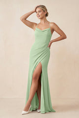Cami Strap Sheath Ruched Bridesmaid Dress With Slit in Sage - KissProm Bridesmaid Dresses