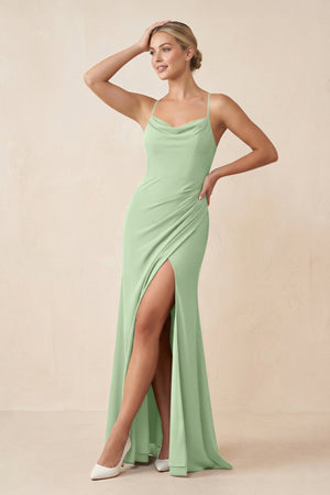Cami Strap Sheath Ruched Bridesmaid Dress With Slit in Sage - KissProm Bridesmaid Dresses