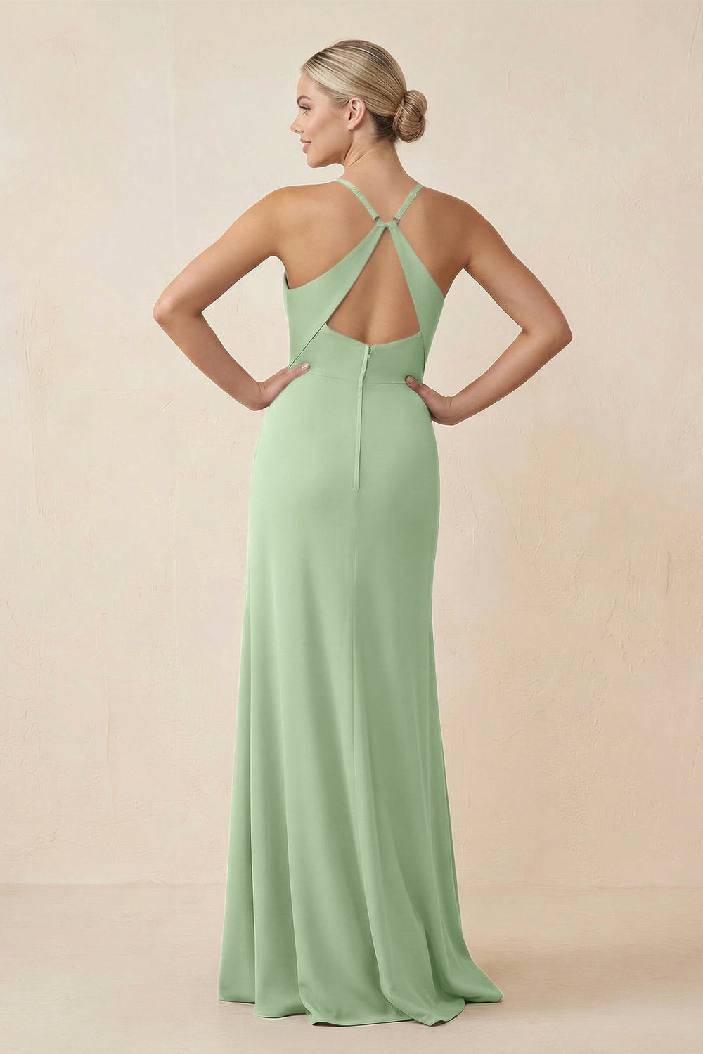 Cami Strap Sheath Ruched Bridesmaid Dress With Slit in Sage - KissProm Bridesmaid Dresses