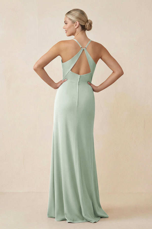 Cami Strap Sheath Ruched Bridesmaid Dress With Slit in Sage - KissProm Bridesmaid Dresses