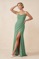 Cami Strap Sheath Ruched Bridesmaid Dress With Slit in Sea Glass - KissProm Bridesmaid Dresses