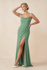 Cami Strap Sheath Ruched Bridesmaid Dress With Slit in Sea Glass - KissProm Bridesmaid Dresses