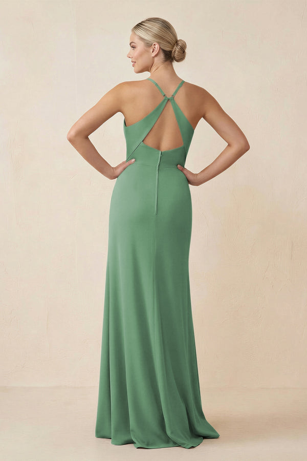 Cami Strap Sheath Ruched Bridesmaid Dress With Slit in Sea Glass - KissProm Bridesmaid Dresses