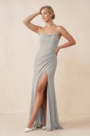 Cami Strap Sheath Ruched Bridesmaid Dress With Slit in Silver - KissProm Bridesmaid Dresses