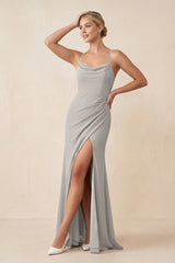 Cami Strap Sheath Ruched Bridesmaid Dress With Slit in Silver - KissProm Bridesmaid Dresses