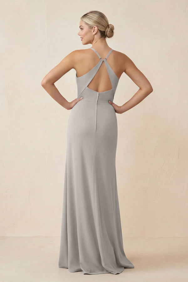 Cami Strap Sheath Ruched Bridesmaid Dress With Slit in Silver - KissProm Bridesmaid Dresses