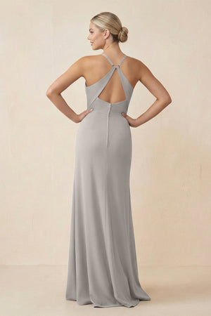 Cami Strap Sheath Ruched Bridesmaid Dress With Slit in Silver - KissProm Bridesmaid Dresses