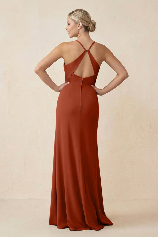 Cami Strap Sheath Ruched Bridesmaid Dress With Slit in Spice - KissProm Bridesmaid Dresses