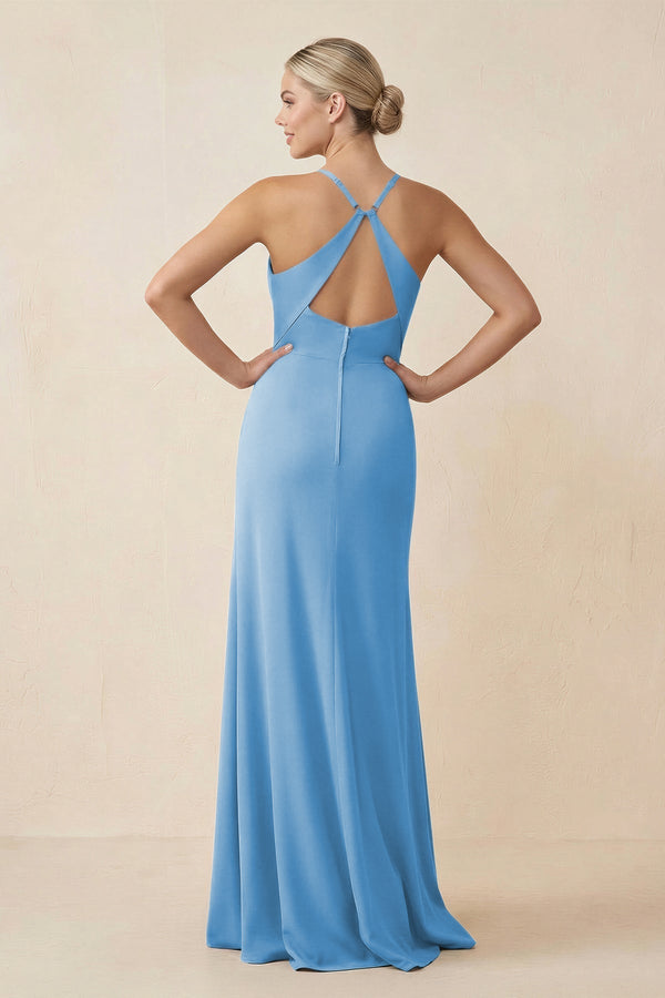 Cami Strap Sheath Ruched Bridesmaid Dress With Slit in Steel Blue - KissProm Bridesmaid Dresses