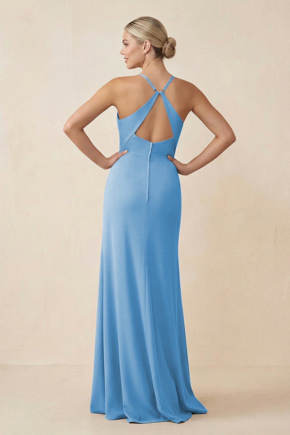Cami Strap Sheath Ruched Bridesmaid Dress With Slit in Steel Blue - KissProm Bridesmaid Dresses