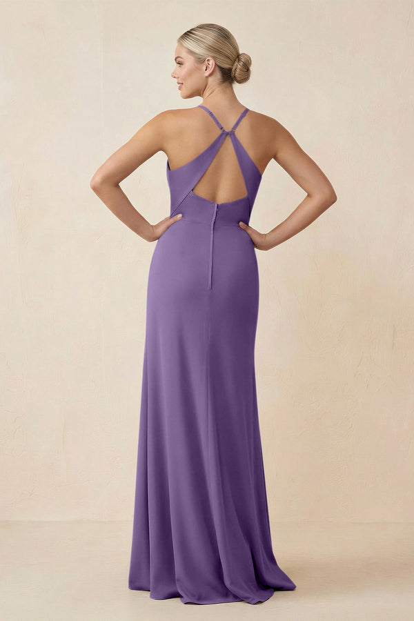 Cami Strap Sheath Ruched Bridesmaid Dress With Slit in Tahiti - KissProm Bridesmaid Dresses