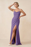 Cami Strap Sheath Ruched Bridesmaid Dress With Slit in Tahiti - KissProm Bridesmaid Dresses