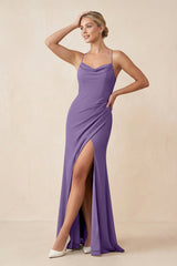 Cami Strap Sheath Ruched Bridesmaid Dress With Slit in Tahiti - KissProm Bridesmaid Dresses