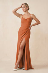 Cami Strap Sheath Ruched Bridesmaid Dress With Slit in Terracotta - KissProm Bridesmaid Dresses