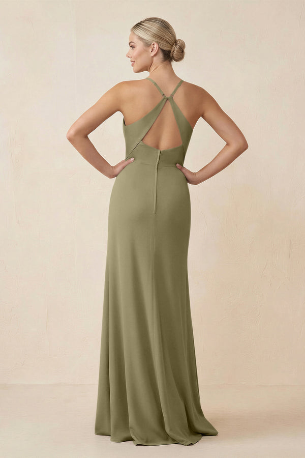 Cami Strap Sheath Ruched Bridesmaid Dress With Slit in Thyme - KissProm Bridesmaid Dresses