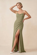 Cami Strap Sheath Ruched Bridesmaid Dress With Slit in Thyme - KissProm Bridesmaid Dresses