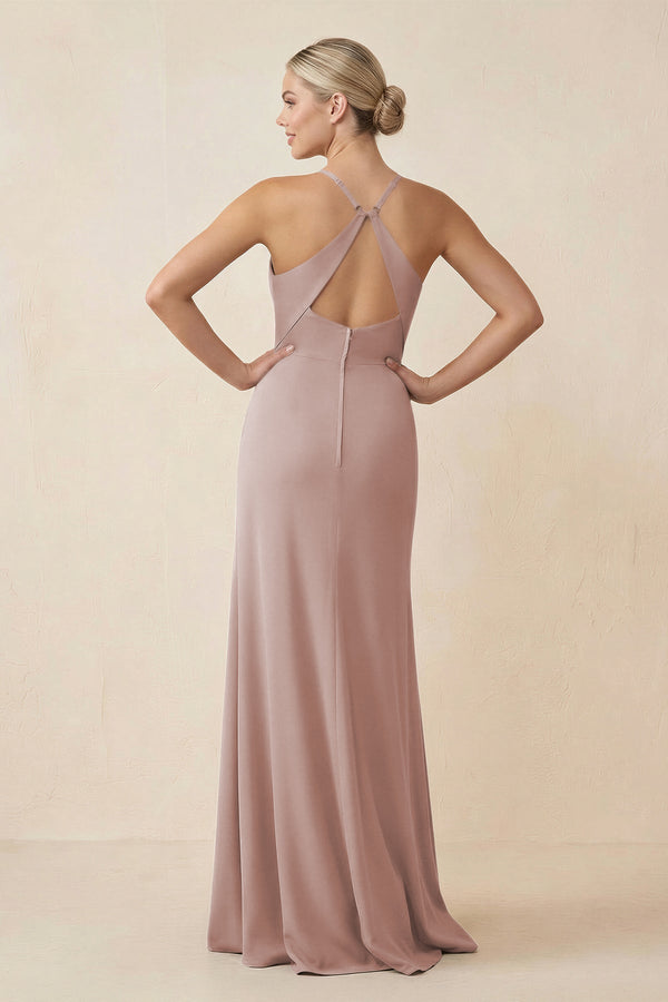 Cami Strap Sheath Ruched Bridesmaid Dress With Slit in Toffee - KissProm Bridesmaid Dresses