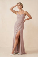 Cami Strap Sheath Ruched Bridesmaid Dress With Slit in Toffee - KissProm Bridesmaid Dresses