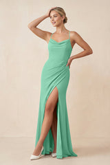 Cami Strap Sheath Ruched Bridesmaid Dress With Slit in Turquoise - KissProm Bridesmaid Dresses