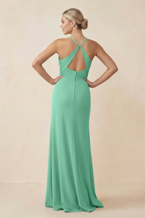 Cami Strap Sheath Ruched Bridesmaid Dress With Slit in Turquoise - KissProm Bridesmaid Dresses