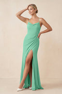 Cami Strap Sheath Ruched Bridesmaid Dress With Slit in Turquoise - KissProm Bridesmaid Dresses