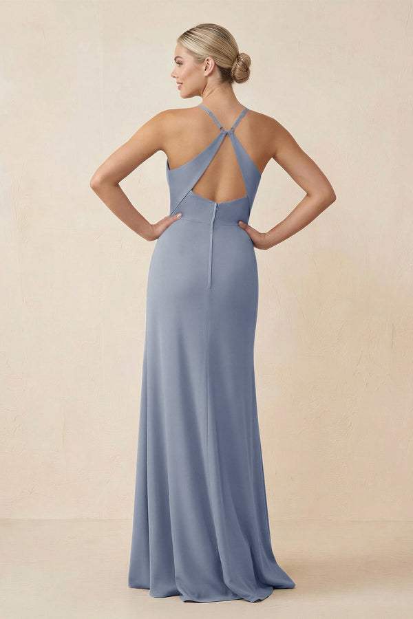Cami Strap Sheath Ruched Bridesmaid Dress With Slit in Twilight - KissProm Bridesmaid Dresses
