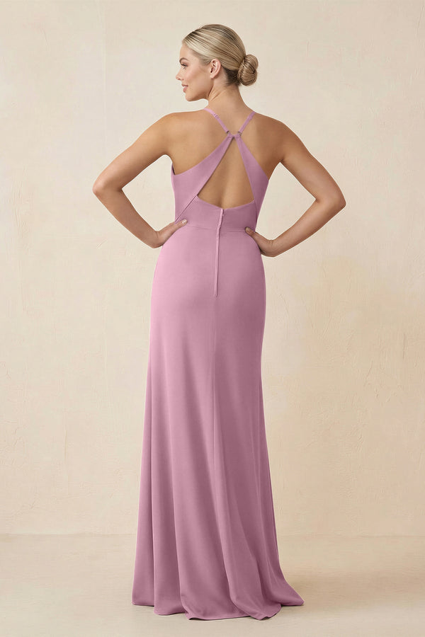 Cami Strap Sheath Ruched Bridesmaid Dress With Slit in Vintage Mauve - KissProm Bridesmaid Dresses