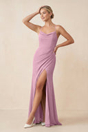 Cami Strap Sheath Ruched Bridesmaid Dress With Slit in Vintage Mauve - KissProm Bridesmaid Dresses
