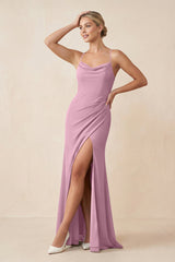 Cami Strap Sheath Ruched Bridesmaid Dress With Slit in Vintage Mauve - KissProm Bridesmaid Dresses