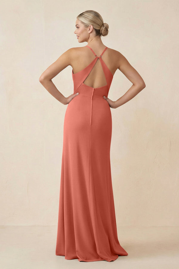 Cami Strap Sheath Ruched Bridesmaid Dress With Slit in Wild Rose - KissProm Bridesmaid Dresses