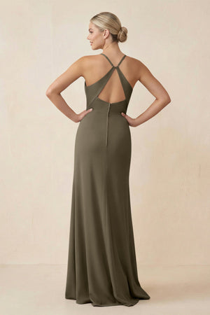 Cami Strap Sheath Ruched Bridesmaid Dress With Slit in Willow Green - KissProm Bridesmaid Dresses