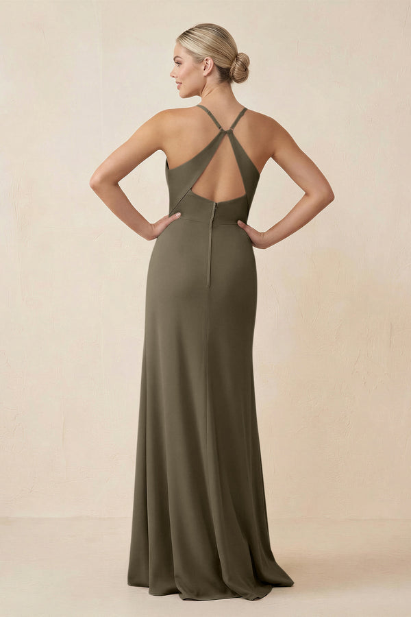 Cami Strap Sheath Ruched Bridesmaid Dress With Slit in Willow Green - KissProm Bridesmaid Dresses