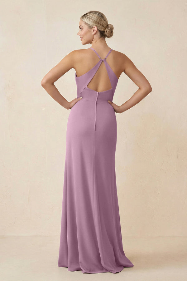 Cami Strap Sheath Ruched Bridesmaid Dress With Slit in Wisteria - KissProm Bridesmaid Dresses