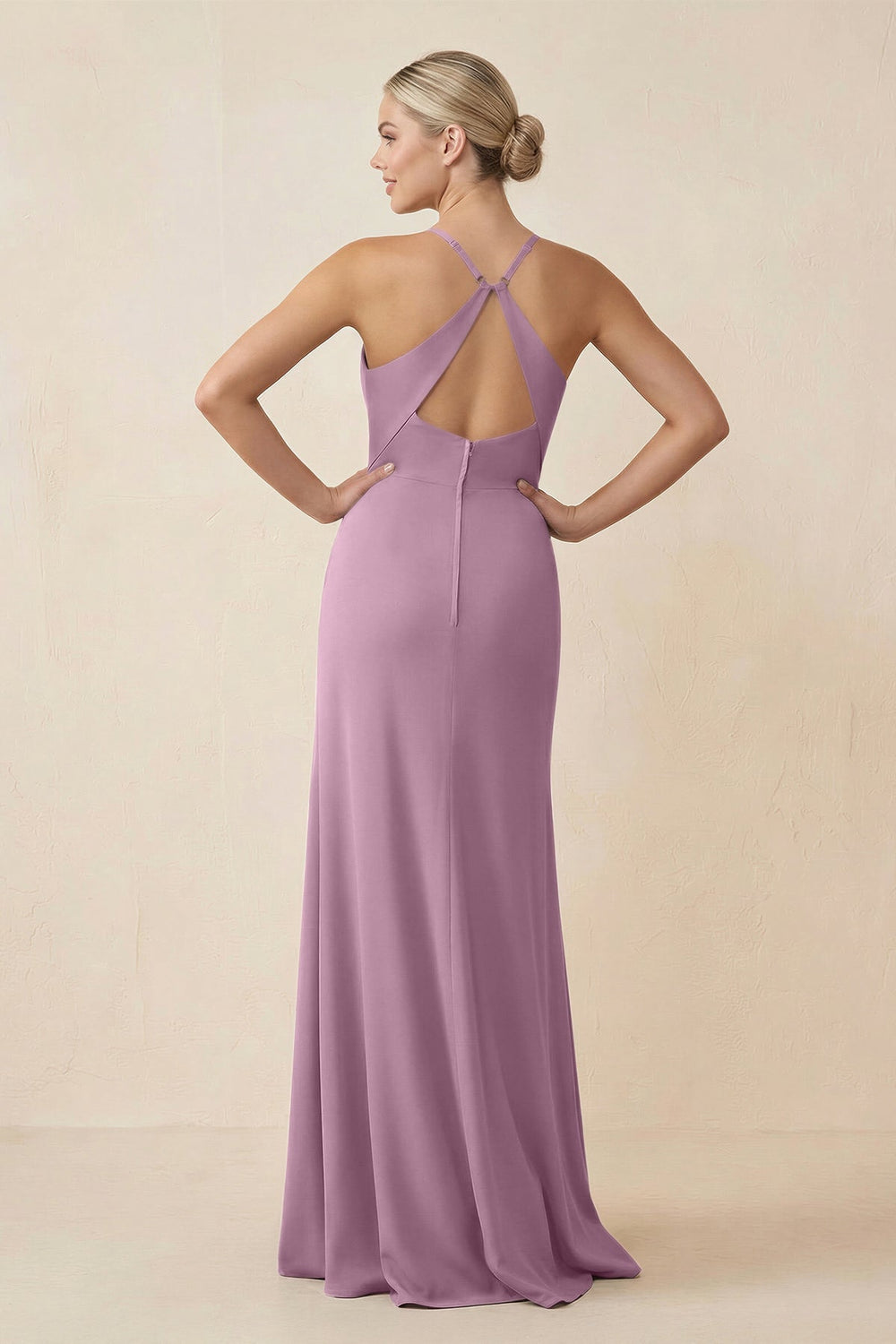 Cami Strap Sheath Ruched Bridesmaid Dress With Slit in Wisteria - KissProm Bridesmaid Dresses