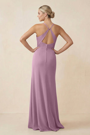 Cami Strap Sheath Ruched Bridesmaid Dress With Slit in Wisteria - KissProm Bridesmaid Dresses
