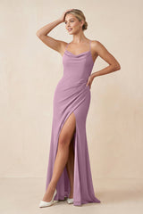Cami Strap Sheath Ruched Bridesmaid Dress With Slit in Wisteria - KissProm Bridesmaid Dresses