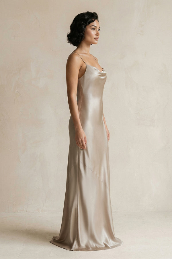 Cami Strap Sheath Satin Bridesmaid Dress in Almond - KissProm Bridesmaid Dresses