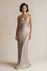 Cami Strap Sheath Satin Bridesmaid Dress in Almond - KissProm Bridesmaid Dresses
