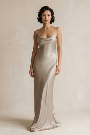 Cami Strap Sheath Satin Bridesmaid Dress in Almond - KissProm Bridesmaid Dresses