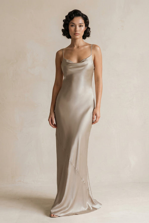 Cami Strap Sheath Satin Bridesmaid Dress in Almond - KissProm Bridesmaid Dresses