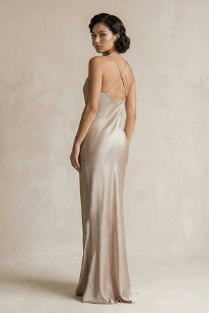 Cami Strap Sheath Satin Bridesmaid Dress in Almond - KissProm Bridesmaid Dresses