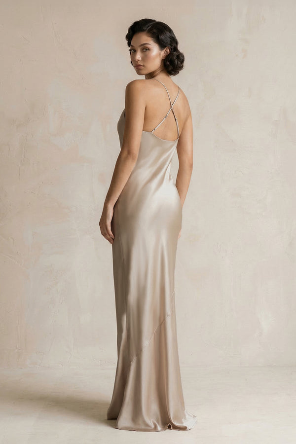 Cami Strap Sheath Satin Bridesmaid Dress in Almond - KissProm Bridesmaid Dresses