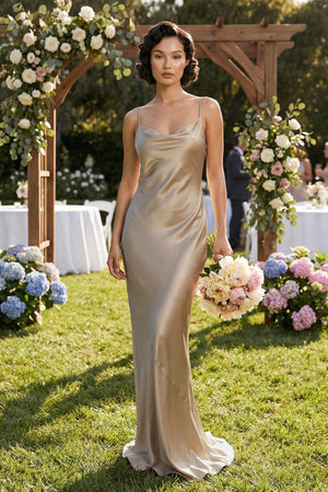 Cami Strap Sheath Satin Bridesmaid Dress in Almond - KissProm Bridesmaid Dresses