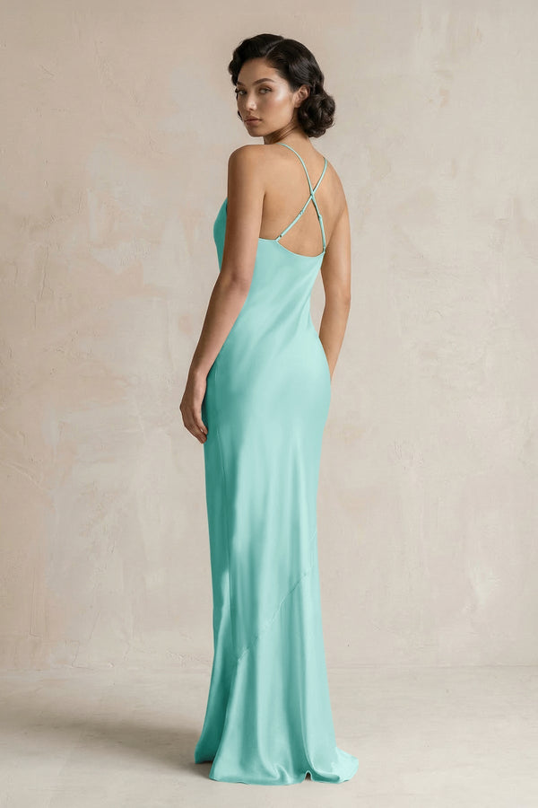Cami Strap Sheath Satin Bridesmaid Dress in Aqua - KissProm Bridesmaid Dresses