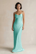 Cami Strap Sheath Satin Bridesmaid Dress in Aqua - KissProm Bridesmaid Dresses